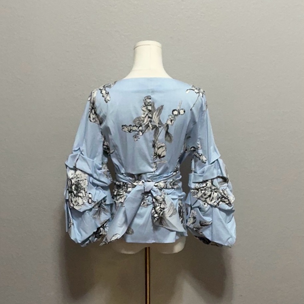 White House Black Market Light Blue Floral Wrap Blouse with Balloon Sleeves - Picture 2 of 2